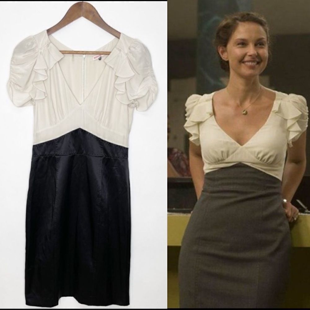 Rebecca Taylor Silk Ruffle Combo Dress Black Ivory Size 8